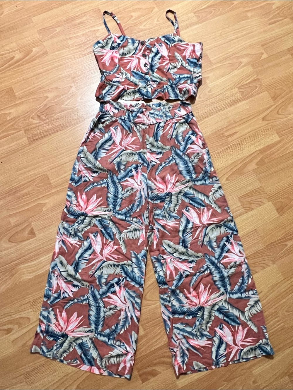 Women's 2 piece Pink + Orange Tropical Print Wide-Leg Set with Crop Top